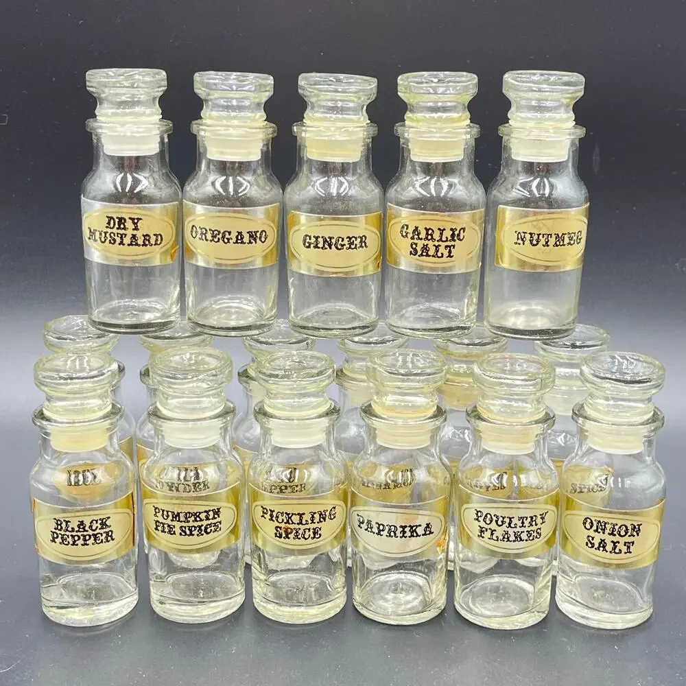 Vintage Spice Apothecary Jars Clear Glass Bottles Lot of 17 MCM
